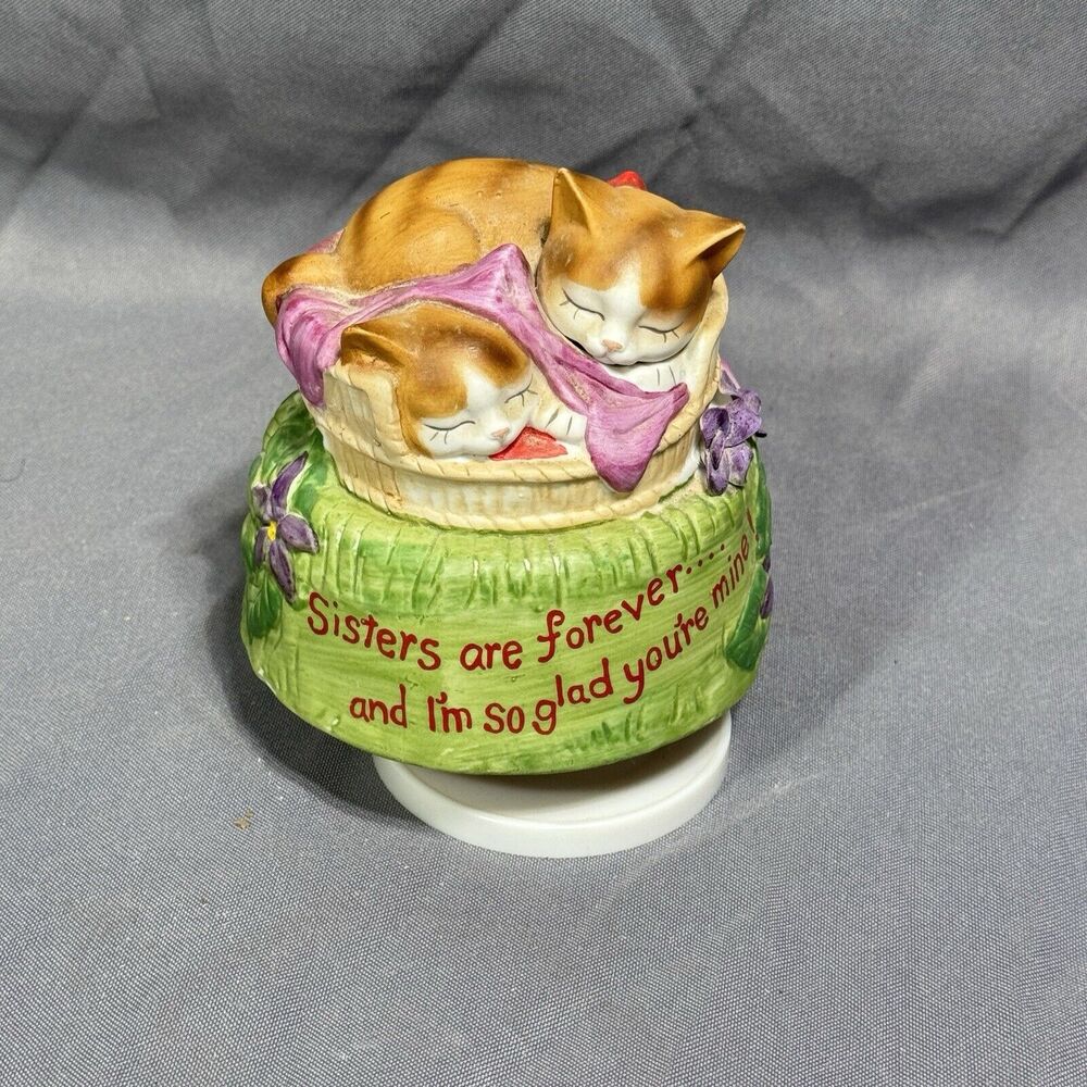 Vintage JSNY Sisters Are Forever Ceramic Music Box Cuddling Cats Sibling Gift